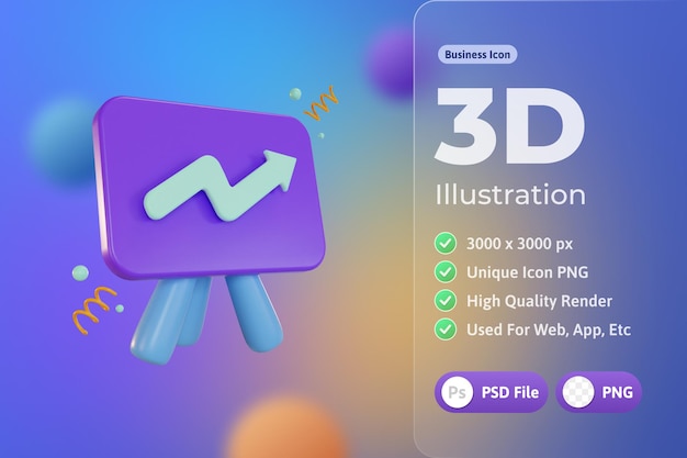 Gratis PSD 3d icon business, whiteboard, met statistieken