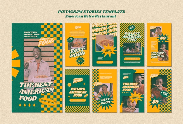 Gratis PSD amerikaans retro restaurant instagram verhalen sjabloon