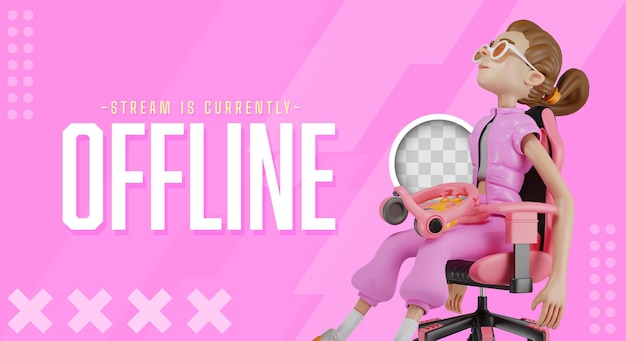 PSD gratuito banner streamer offline con gamer girl