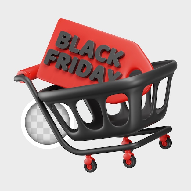 PSD gratuito carrello della spesa del black friday con l'illustrazione dell'etichetta 3d