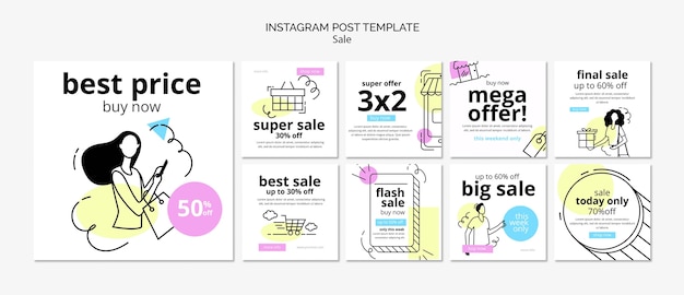 PSD gratuito collezione di post di instagram di vendita con design disegnato a mano