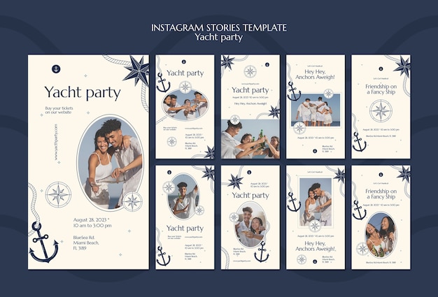 PSD gratuito collezione di storie di instagram celebrazione di una festa in yacht di lusso