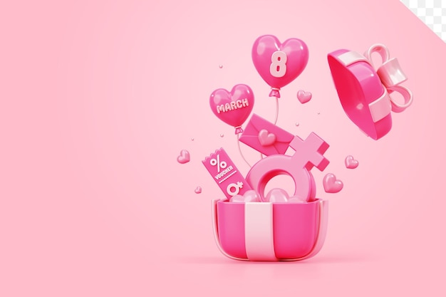 PSD gratuito confezione regalo con confezione regalo rosa con palloncini 8 marzo promozione vendita internazionale donna offerta sfondo rosa 3d