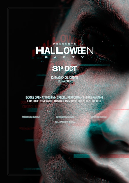 PSD gratuito donna del primo piano con effetto di trucco e di glitch di halloween