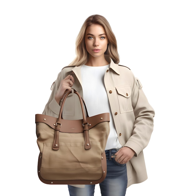 PSD gratuito giovane donna con una borsa elegante su sfondo bianco mockup per il design