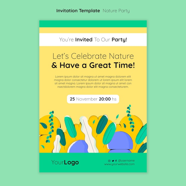 Gratis PSD handgetekende uitnodigingssjabloon voor een natuurfeest