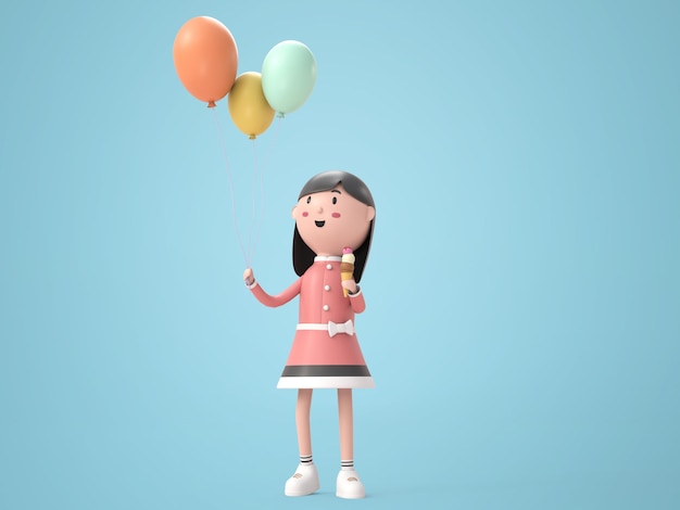 PSD gratuito illustrazione 3d bella ragazza con gelato e rendering di palloncini