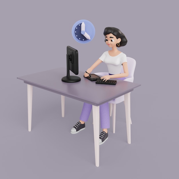 PSD gratuito illustrazione 3d del personaggio grafico femminile che lavora sulla scrivania