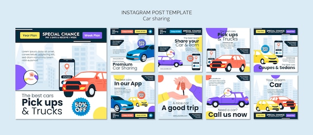 Instagram-berichten voor het delen van auto's in plat ontwerp