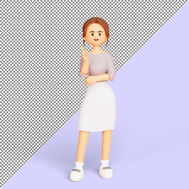 Gratis PSD jonge zakenvrouw die staat en met de vingers omhoog wijst met een geweldig idee of inspiratie heeft voor een 3d illustratie stripfiguur