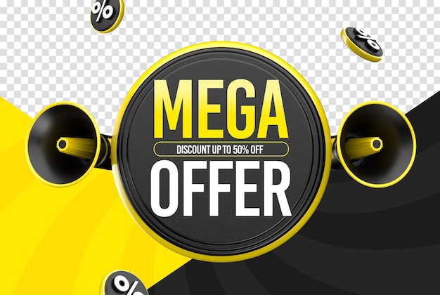 PSD gratuito label mega offre fino al 50% di sconto sul rendering 3d