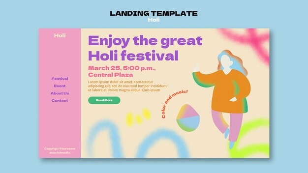 PSD gratuito modello della pagina di destinazione della celebrazione del festival holi