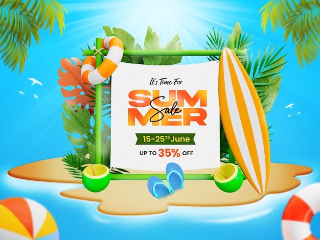 PSD gratuito modello di banner di vendita di sconto estivo con elementi di spiaggia 3d colorati