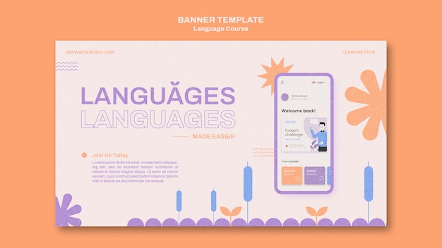 Modello di banner orizzontale per classi di lingua straniera in stile floreale