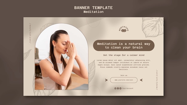 PSD gratuito modello di banner orizzontale per meditazione yoga con design a foglie