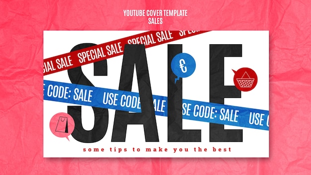 PSD gratuito modello di copertina di youtube con sconto sulle vendite di design piatto