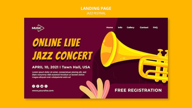 PSD gratuito modello di pagina di destinazione del festival jazz dal vivo online