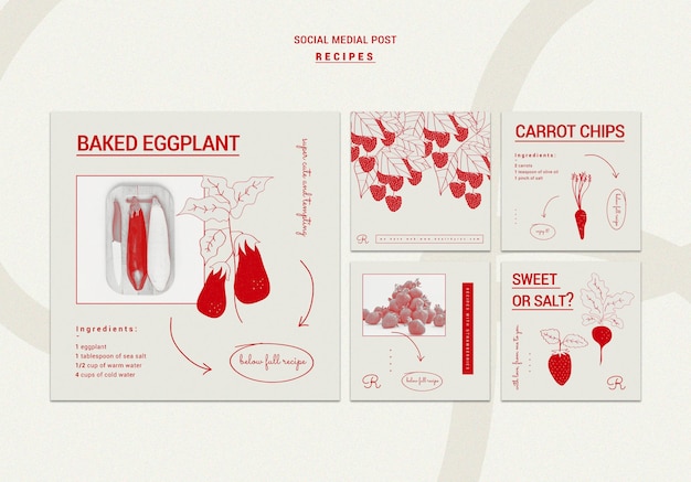 PSD gratuito modello di post sui social media di ricette disegnate a mano