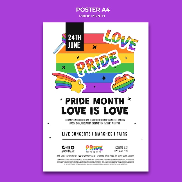 PSD gratuito modello di poster verticale del mese di orgoglio con i colori dell'arcobaleno