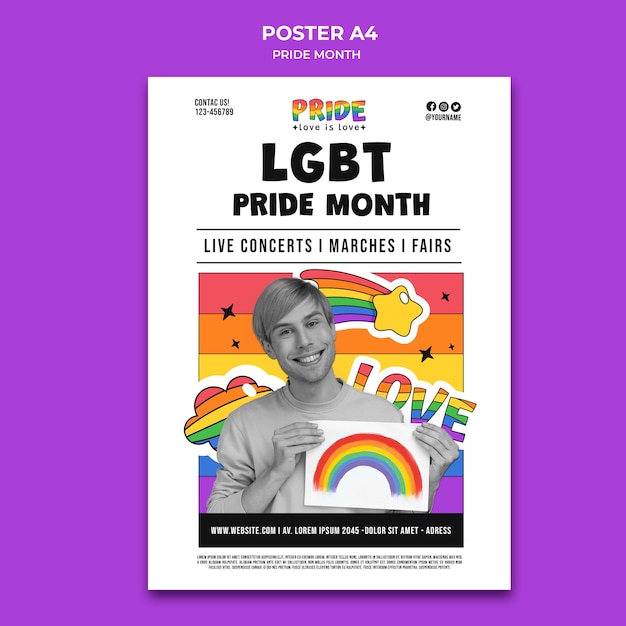 PSD gratuito modello di poster verticale del mese di orgoglio con i colori dell'arcobaleno