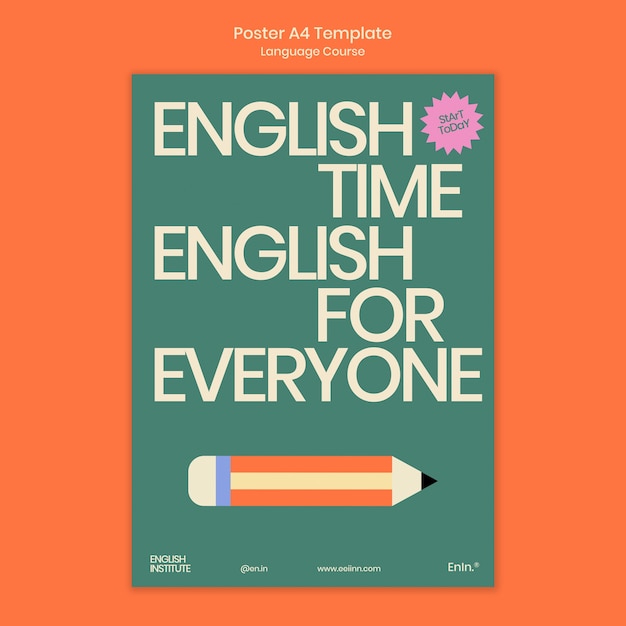 PSD gratuito modello di poster verticale per corsi di lingua inglese in stile retrò