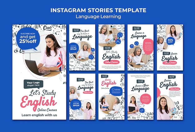 PSD gratuito modello di progettazione di storie di instagram per l'apprendimento delle lingue