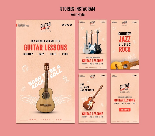 PSD gratuito modello di storie di instagram di lezioni di chitarra