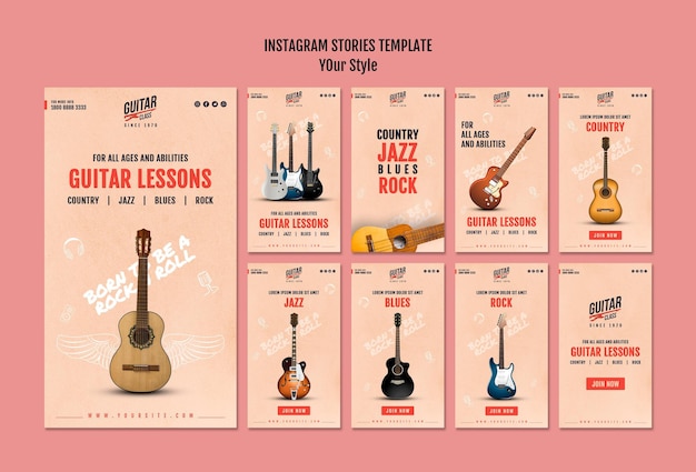 PSD gratuito modello di storie di instagram di lezioni di chitarra