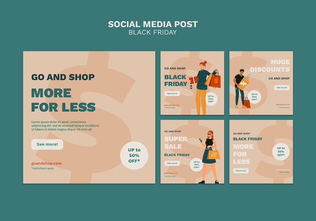 PSD gratuito pacchetto illustrato di post sui social media del black friday