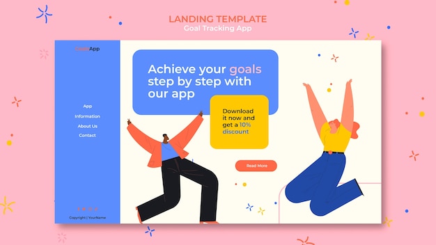 PSD gratuito pagina di destinazione dell'app per il monitoraggio degli obiettivi di design piatto