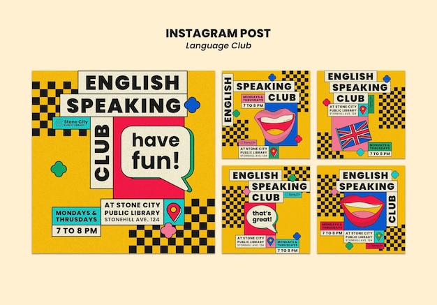 PSD gratuito raccolta di post su instagram per il club di lingua inglese