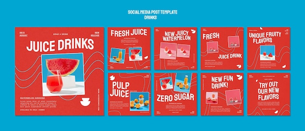 PSD gratuito raccolta di post su instagram per succhi di frutta sani