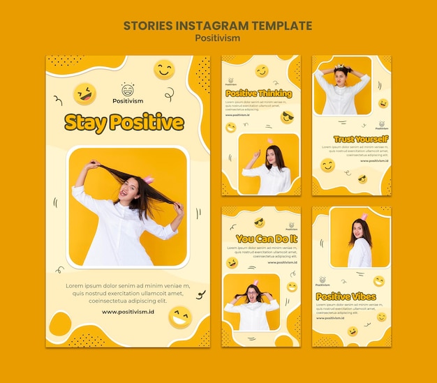 PSD gratuito raccolta di storie di instagram per positivismo con donna felice