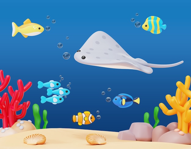 PSD gratuito rappresentazione 3d dell'illustrazione di vita di mare