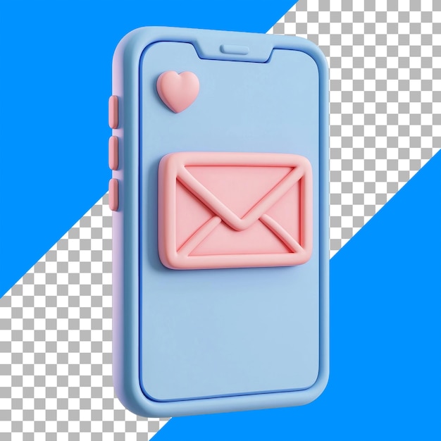 PSD gratuito rendering 3d dello smartphone con icone di cuore e e-mail su sfondo blu