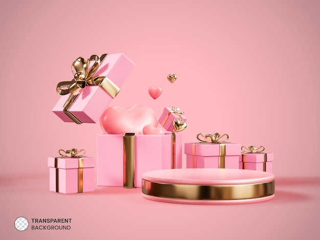 Gratis PSD valentines liefde podium met harten en geschenken geïsoleerd 3d render