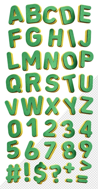 PSD gratuit 3d alphabet fonte bw seido vert avec des paillettes jaunes