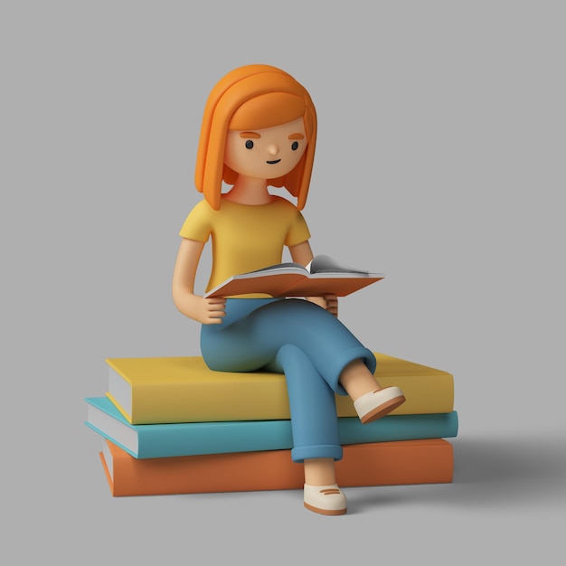 PSD gratuit 3d, personnage féminin, lecture livre