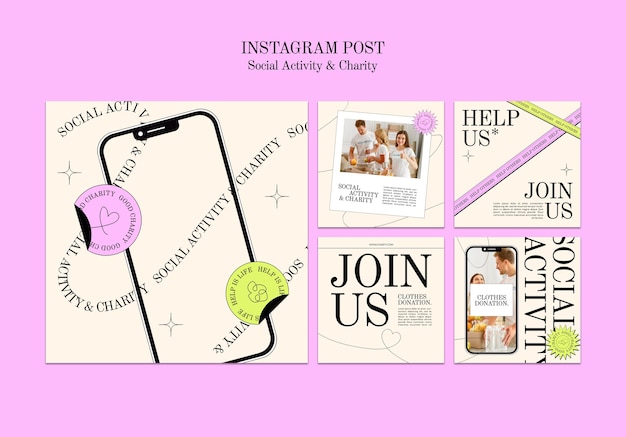 PSD gratuit activités sociales de conception plate et publications instagram caritatives