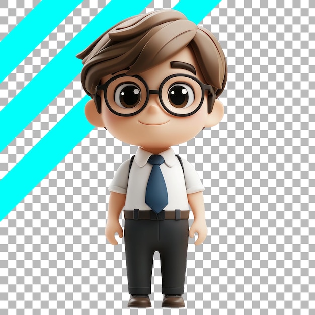 Adorable personnage de dessin animé en 3D avec des lunettes et une cravate bleue