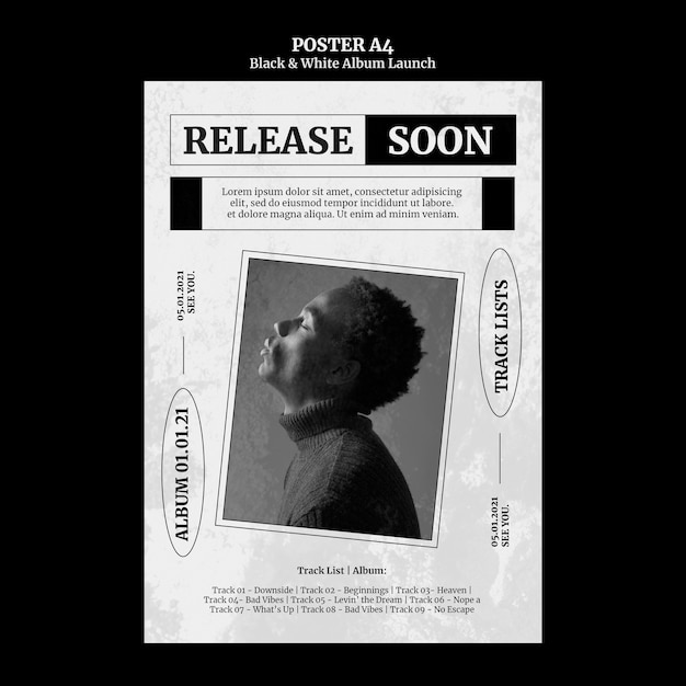 PSD gratuit affiche de lancement d'album en noir et blanc