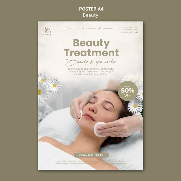 PSD gratuit affiche verticale pour la beauté et le spa avec femme et fleurs de camomille