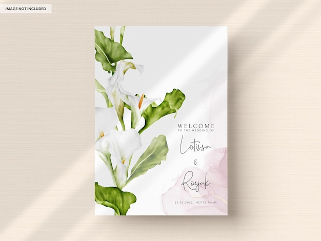 PSD gratuit aquarelle fleur de lys blanc et feuilles de verdure carte d'invitation de mariage