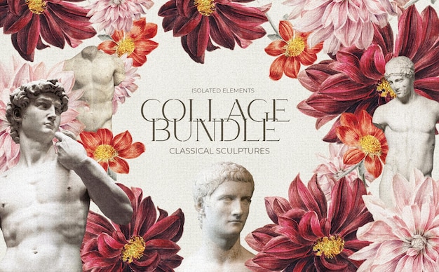 PSD gratuit belle composition de collage avec des sculptures vintage et des fleurs