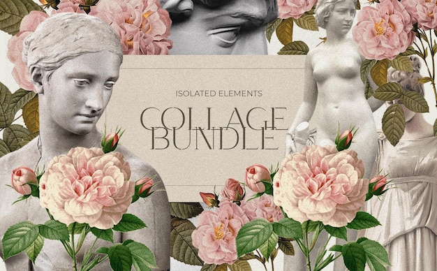 PSD gratuit belle composition de collage avec des sculptures vintage et des fleurs