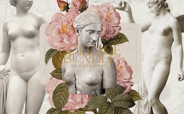 PSD gratuit belle composition de collage avec des sculptures vintage et des fleurs