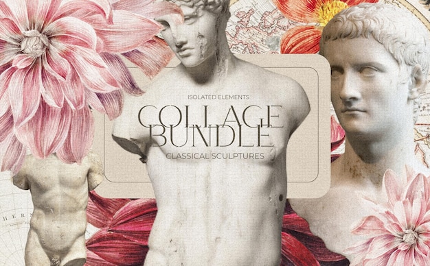 PSD gratuit belle composition de collage avec des sculptures vintage et des fleurs