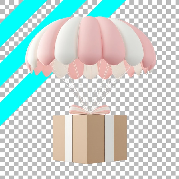 Boîte cadeau avec un parachute rose et blanc sur fond transparent