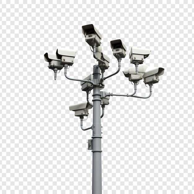 PSD gratuit des caméras de vidéosurveillance sur des poteaux isolés dans un environnement technique isolé sur un fond transparent