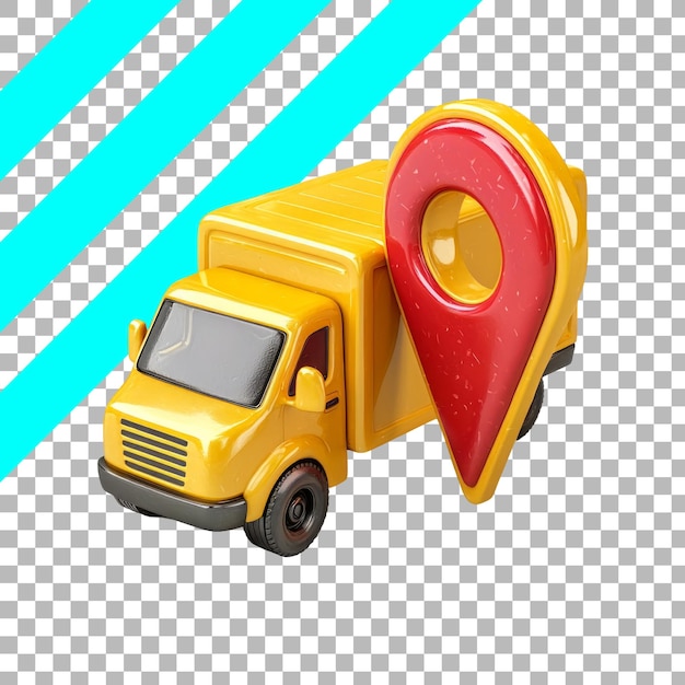 PSD gratuit un camion de livraison jaune 3d avec une épingle de carte rouge sur un fond gris